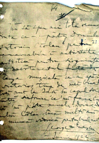 O scrisoare a lui George Enescu către Antonin Ciolan